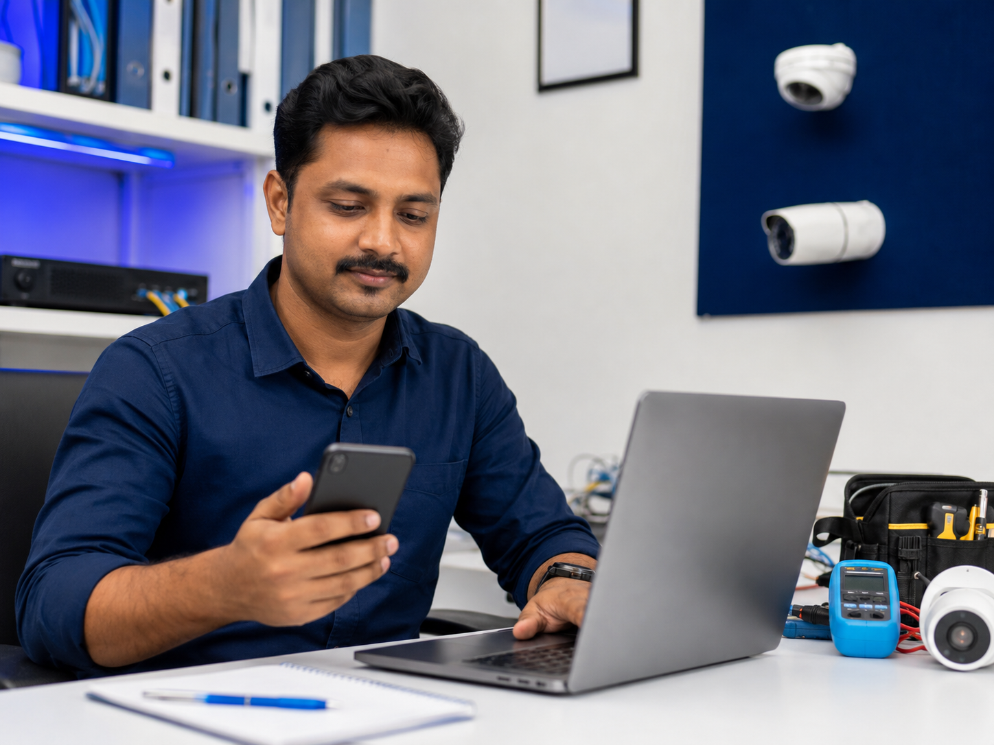 CCTV professional using CamRoot partner services on a smartphone and laptop